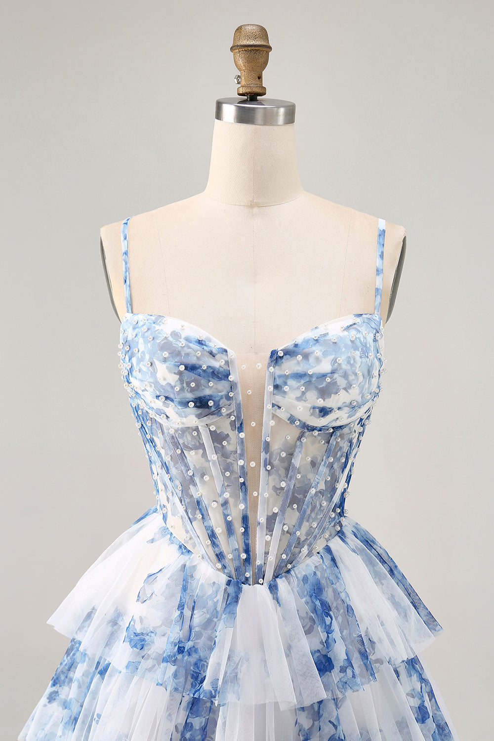White and Blue Floral Ruffled Short Corset Homecoming Dress with Pearls