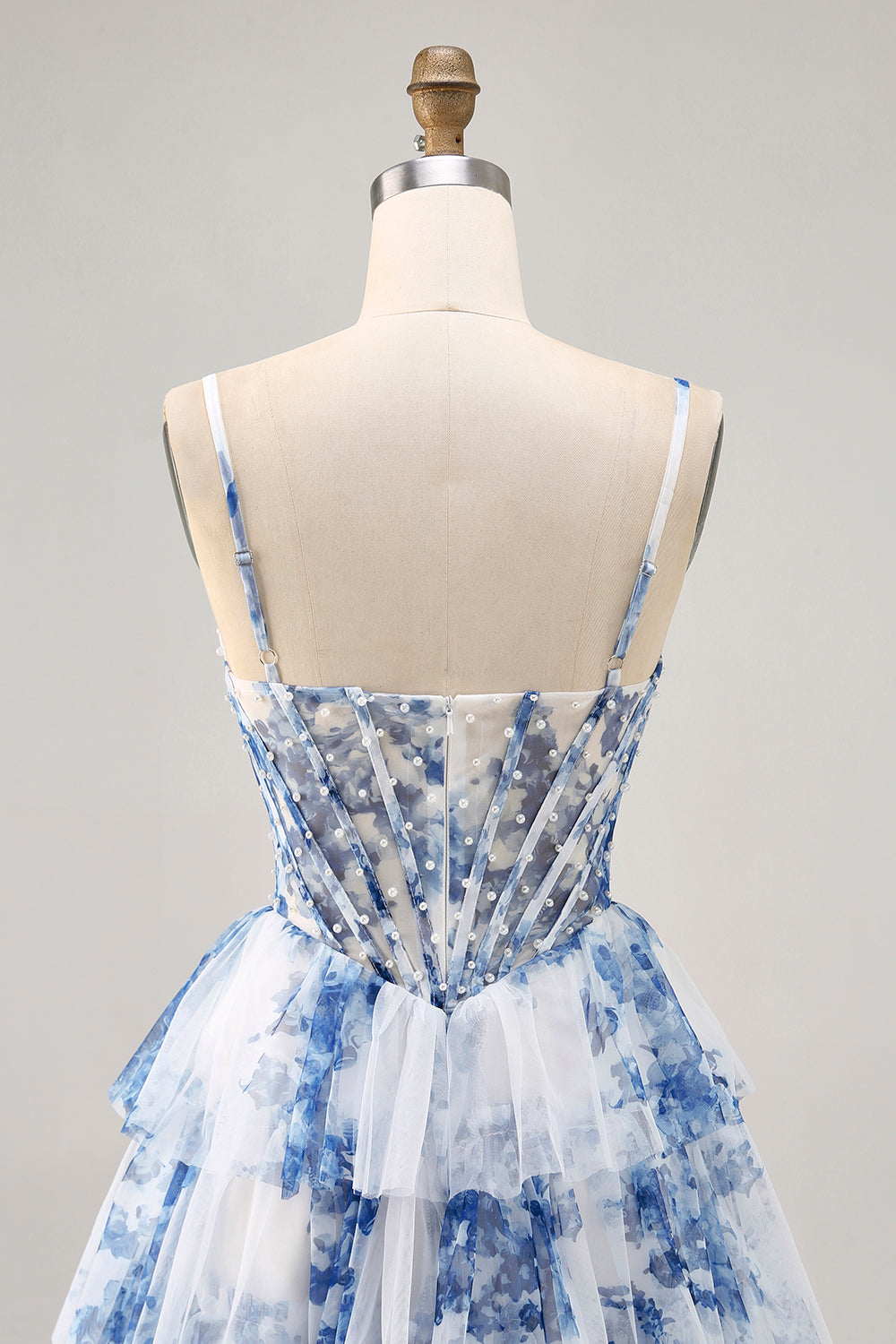White and Blue Floral Ruffled Short Corset Homecoming Dress with Pearls