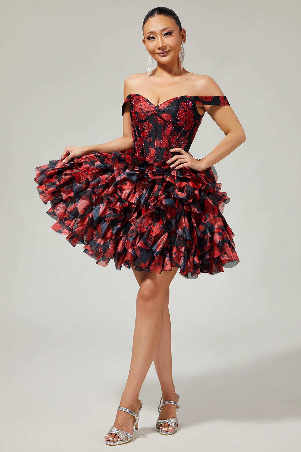 Sparkly Black and Red Floral Short Corset Homecoming Dress with Beading