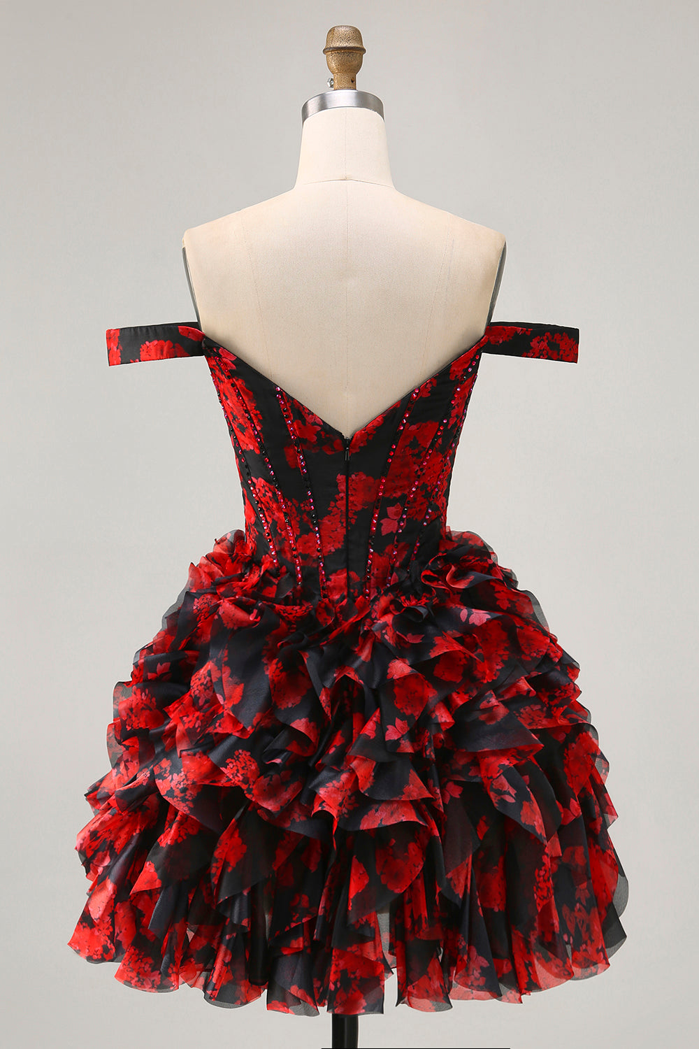 Sparkly Black and Red Floral Short Corset Homecoming Dress with Beading
