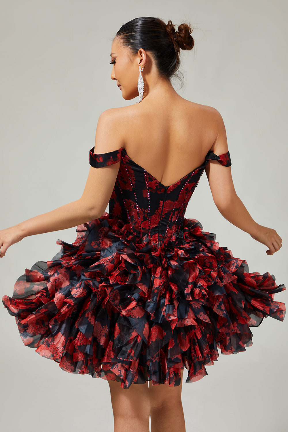 Sparkly Black and Red Floral Short Corset Homecoming Dress with Beading