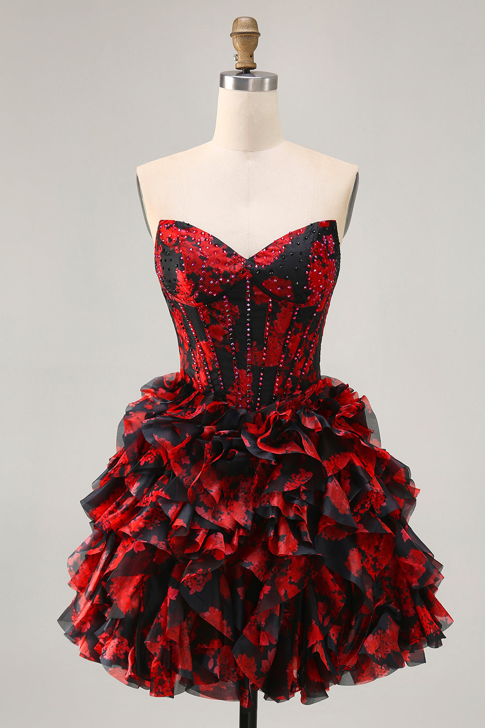 Sparkly Black and Red Floral Short Corset Homecoming Dress with Beading