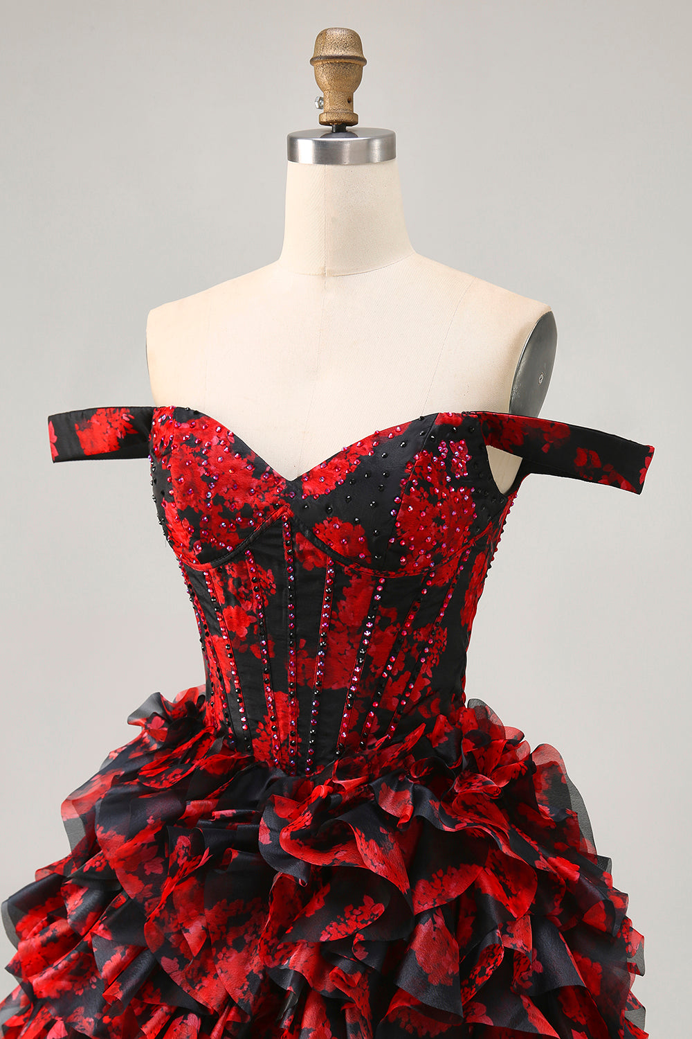 Sparkly Black and Red Floral Short Corset Homecoming Dress with Beading