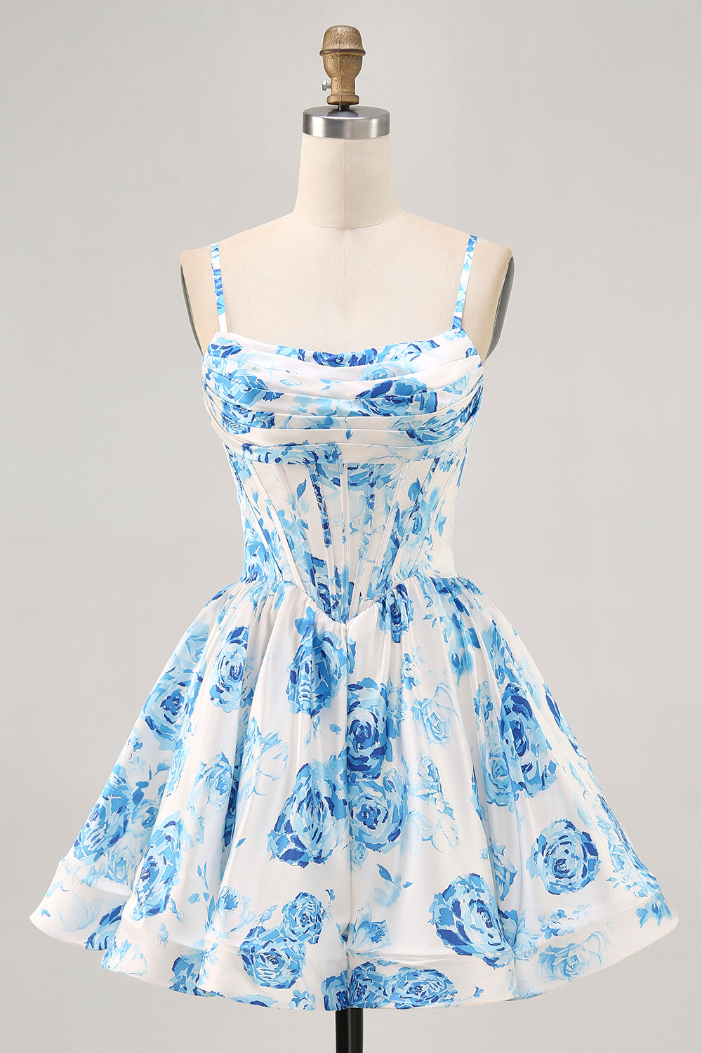 White and Blue Satin Floral Ruched Short Corset Homecoming Dress