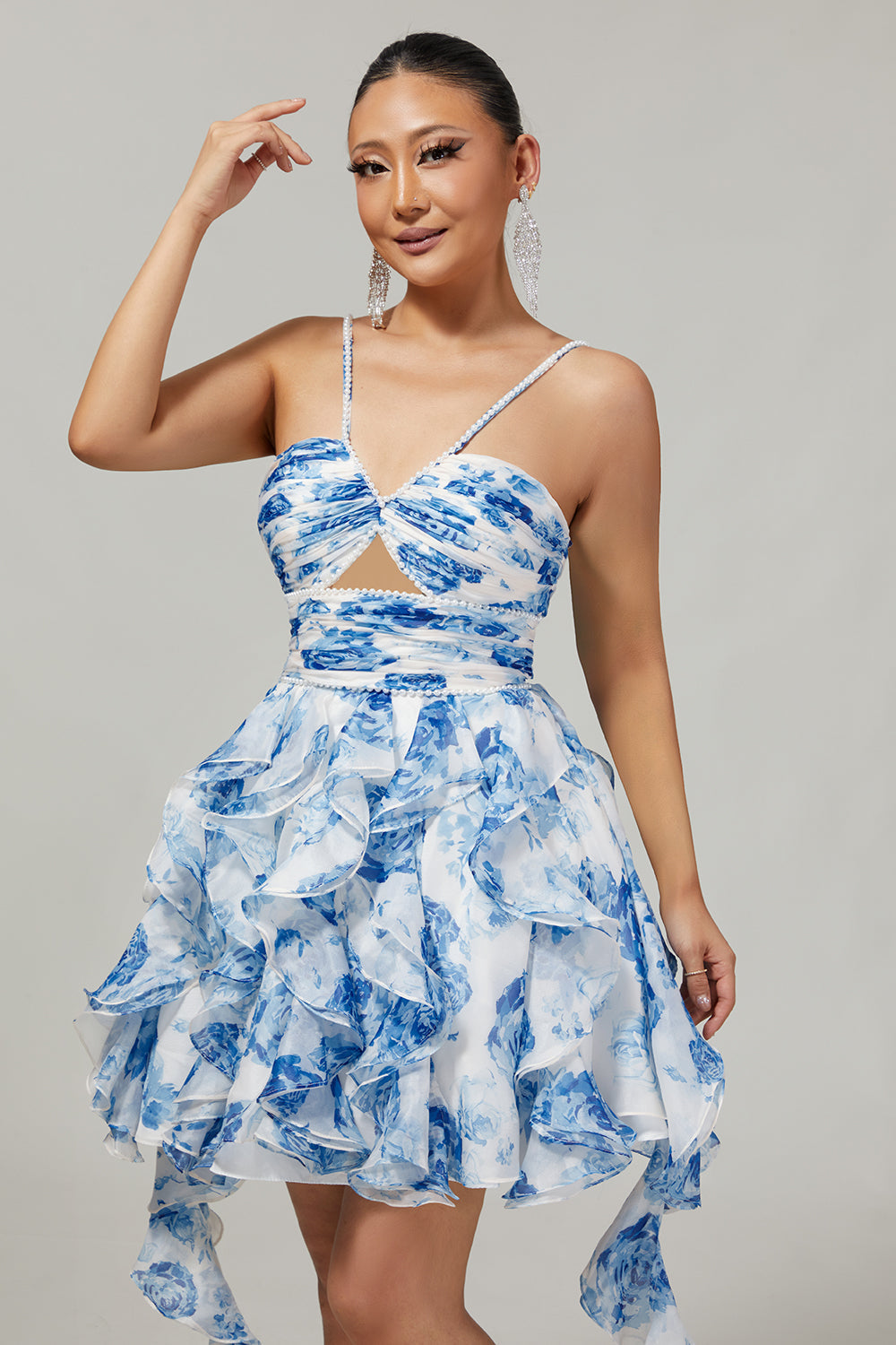 White and Blue Floral Ruffled Ruched Short Homecoming Dress with Pearls