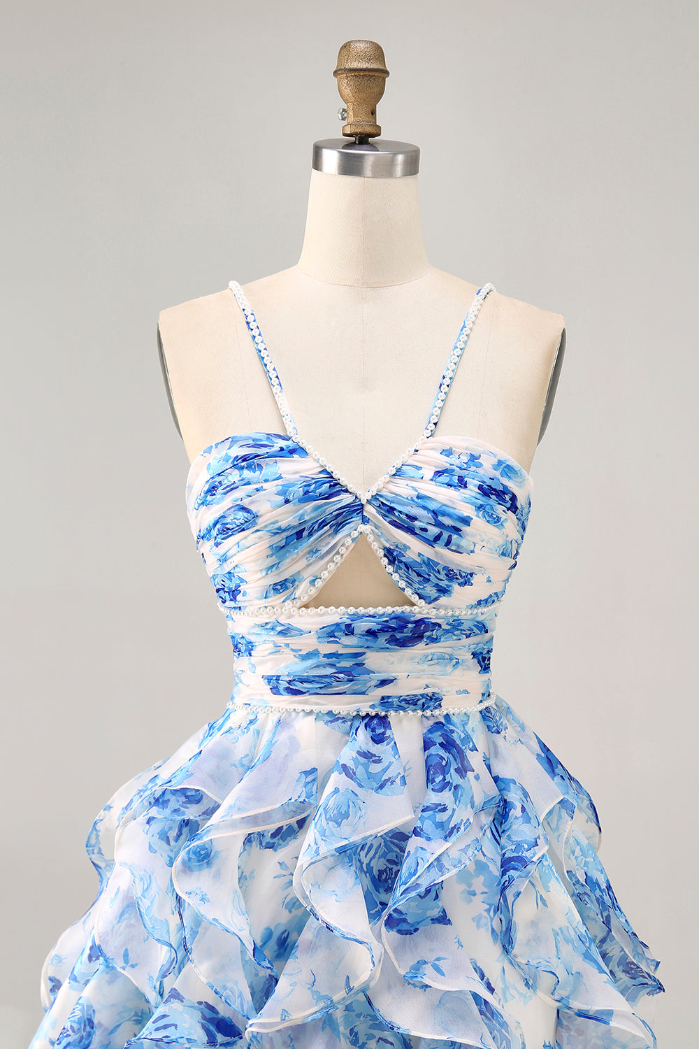White and Blue Floral Ruffled Ruched Short Homecoming Dress with Pearls