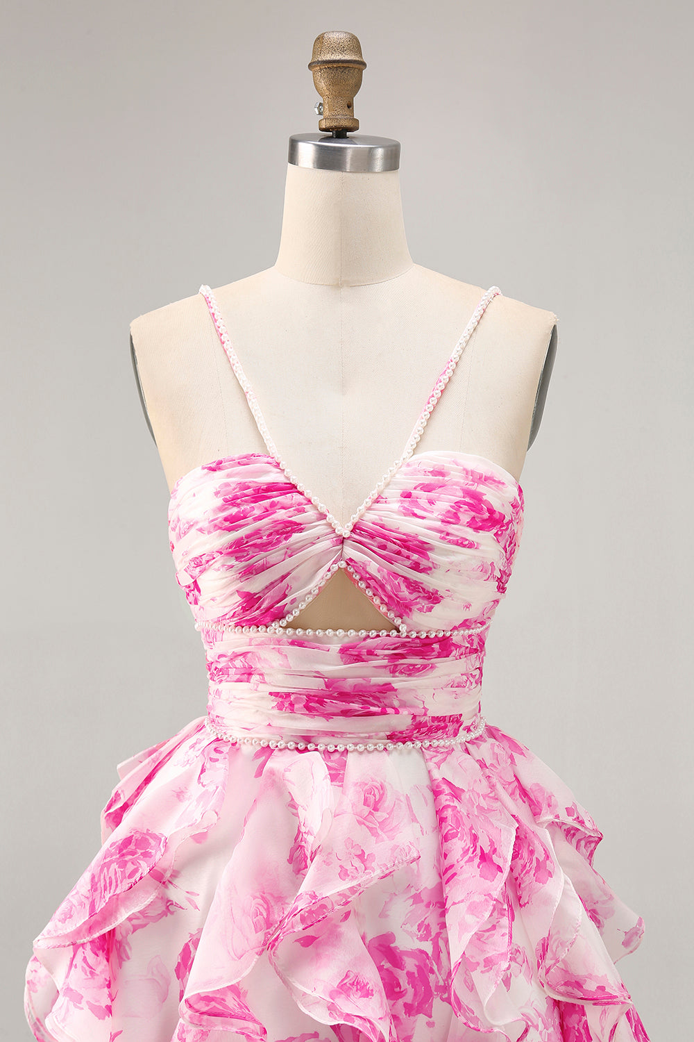 White and Fuchsia Ruffled Ruched Short Floral Homecoming Dress with Pearls