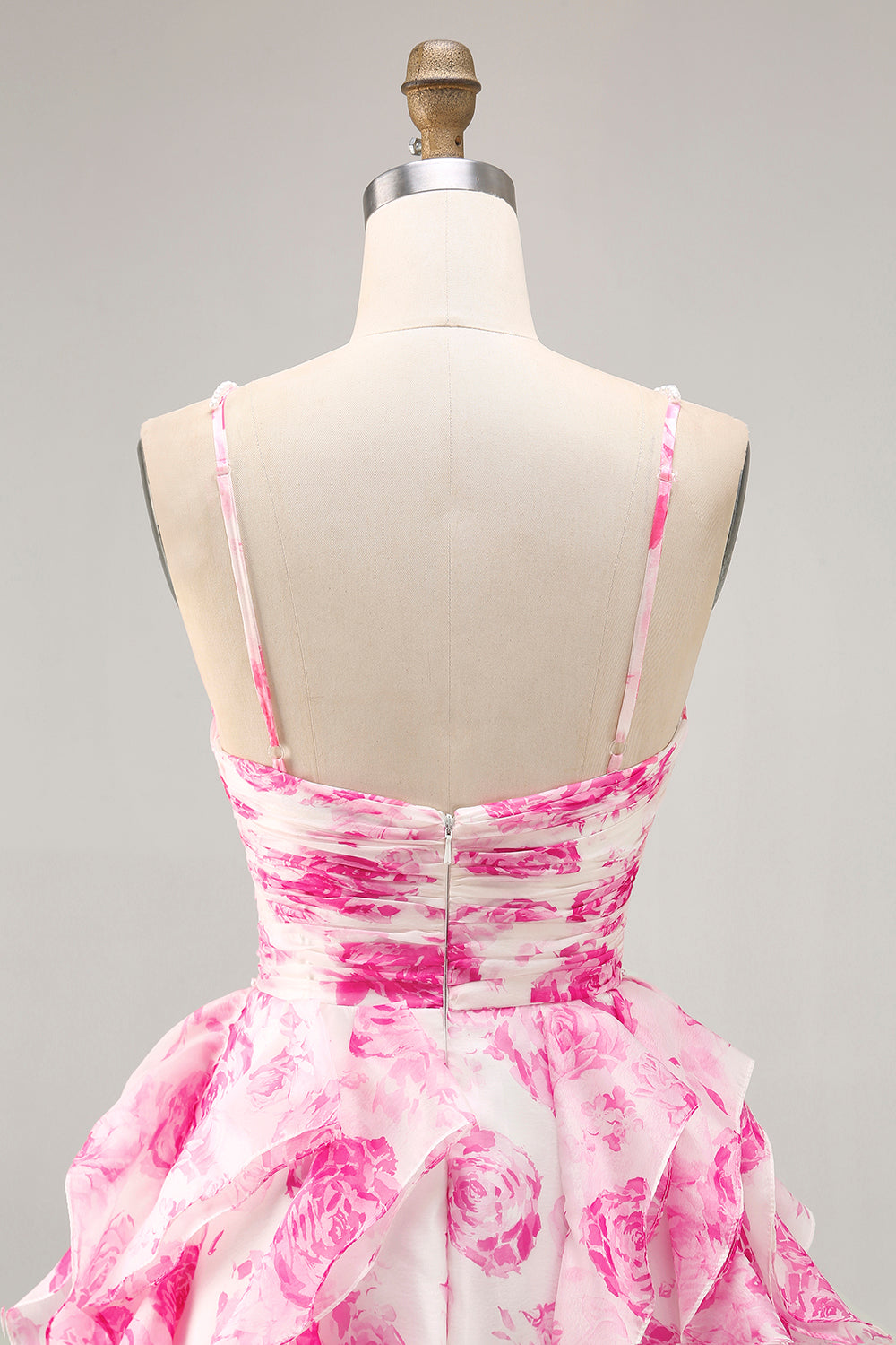 White and Fuchsia Ruffled Ruched Short Floral Homecoming Dress with Pearls