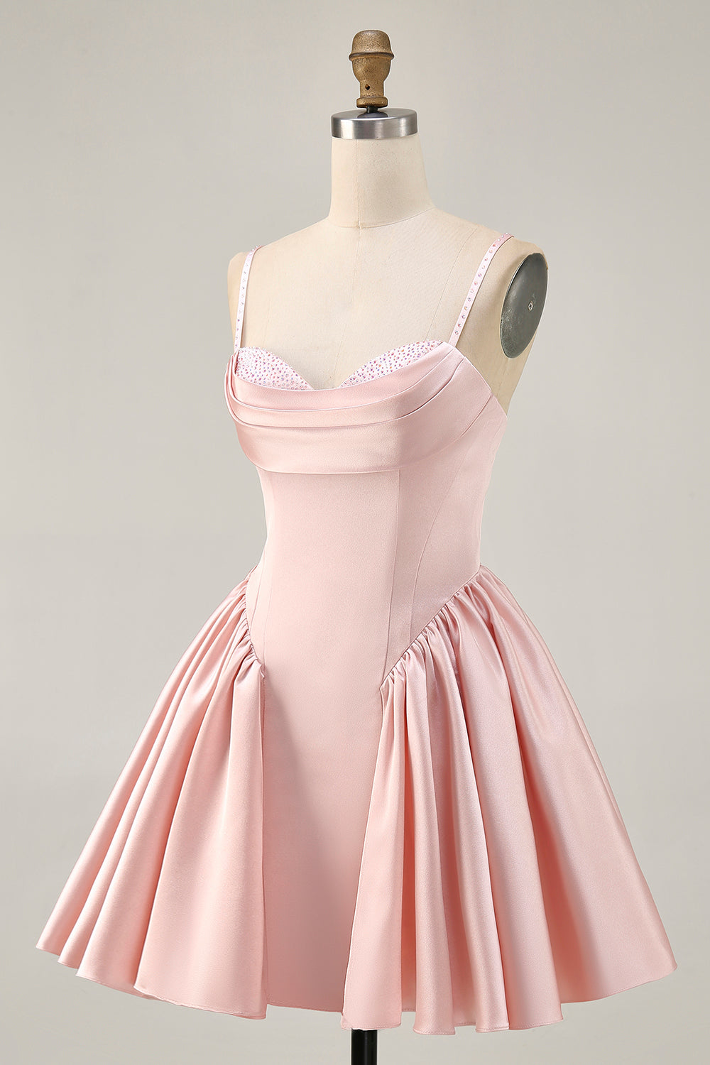 Sparkly Blush Satin A Line Short Homecoming Dress with Beading
