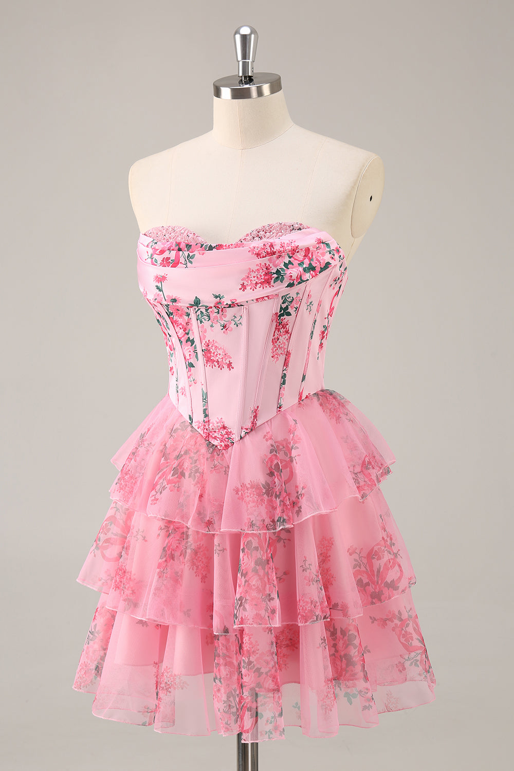 Pink Floral Sweetheart Corset Tiered Short Homecoming Dress with Ruffles