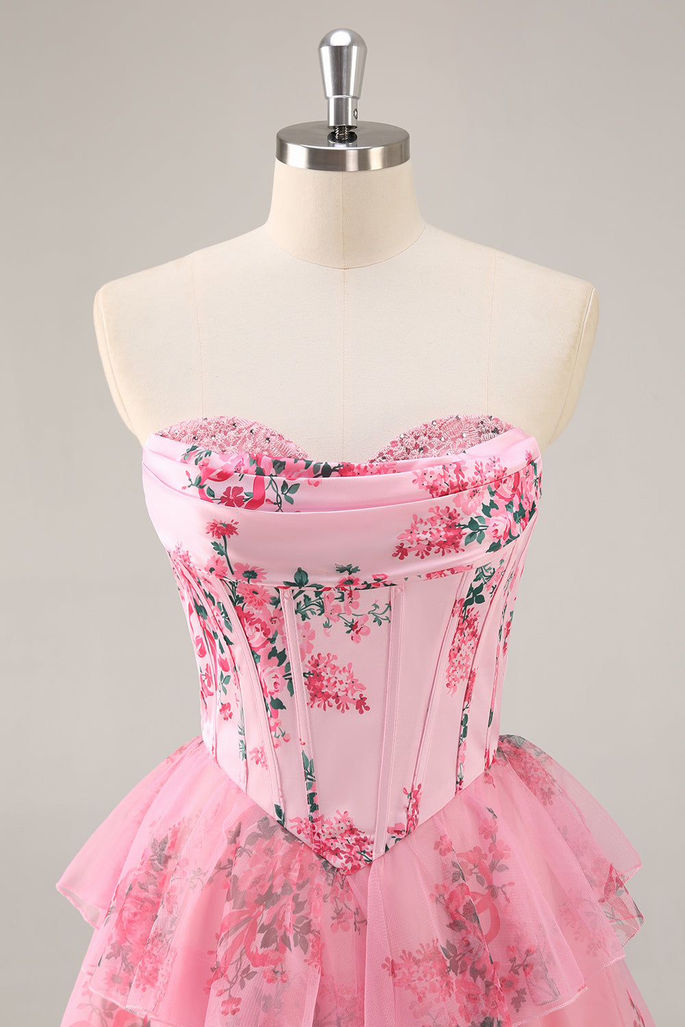 Pink Floral Sweetheart Corset Tiered Short Homecoming Dress with Ruffles