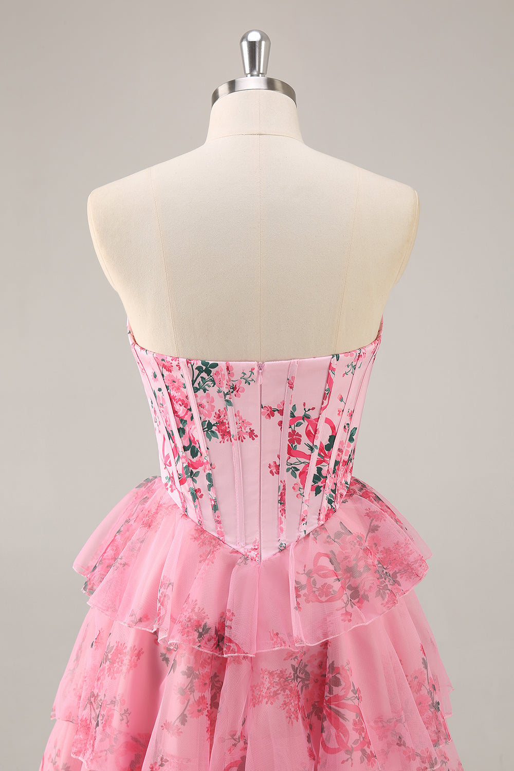 Pink Floral Sweetheart Corset Tiered Short Homecoming Dress with Ruffles