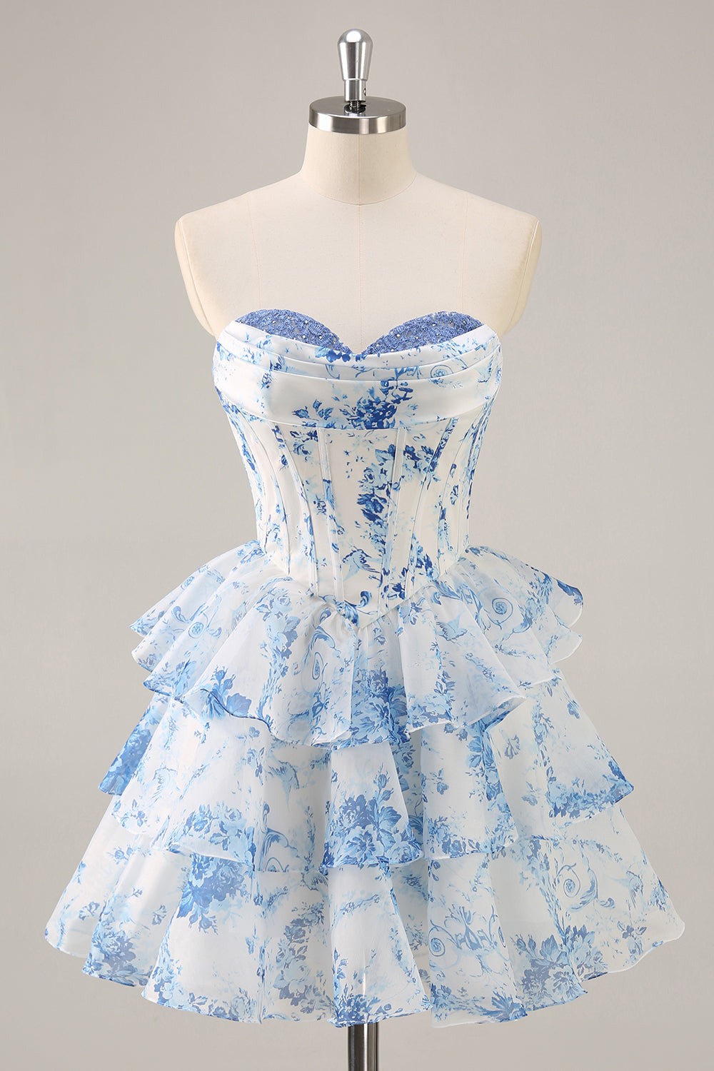 White and Blue Floral Corset Short Homecoming Dress with Ruffles Ruched Tiered Sweetheart A Line Cocktail Dress