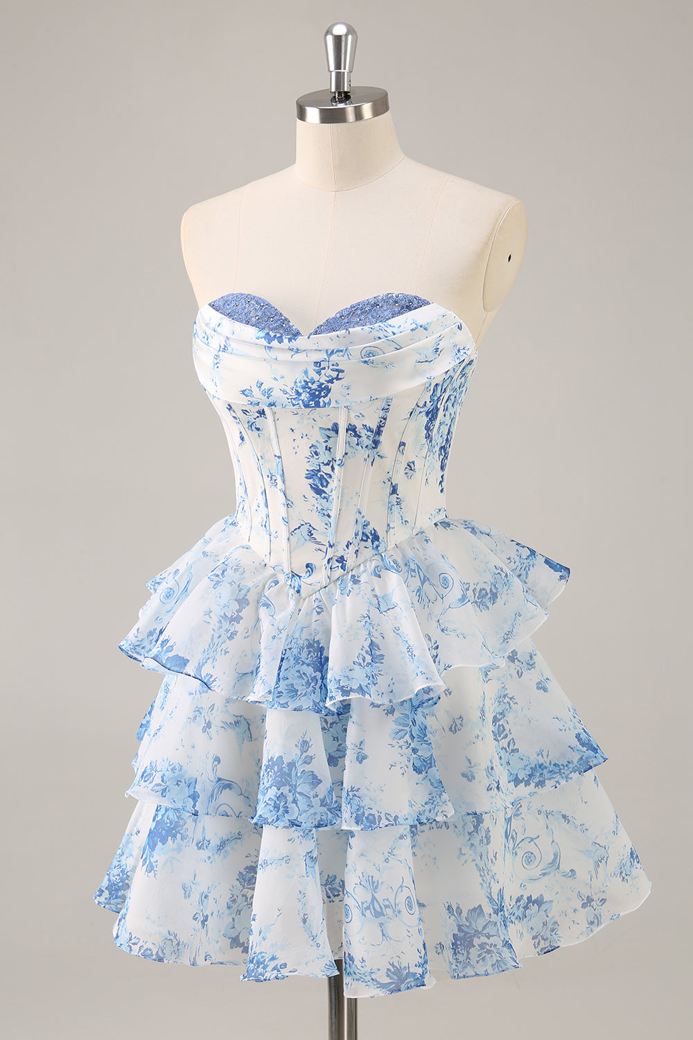 Pink Floral Sweetheart Corset Tiered Short Homecoming Dress with Ruffles