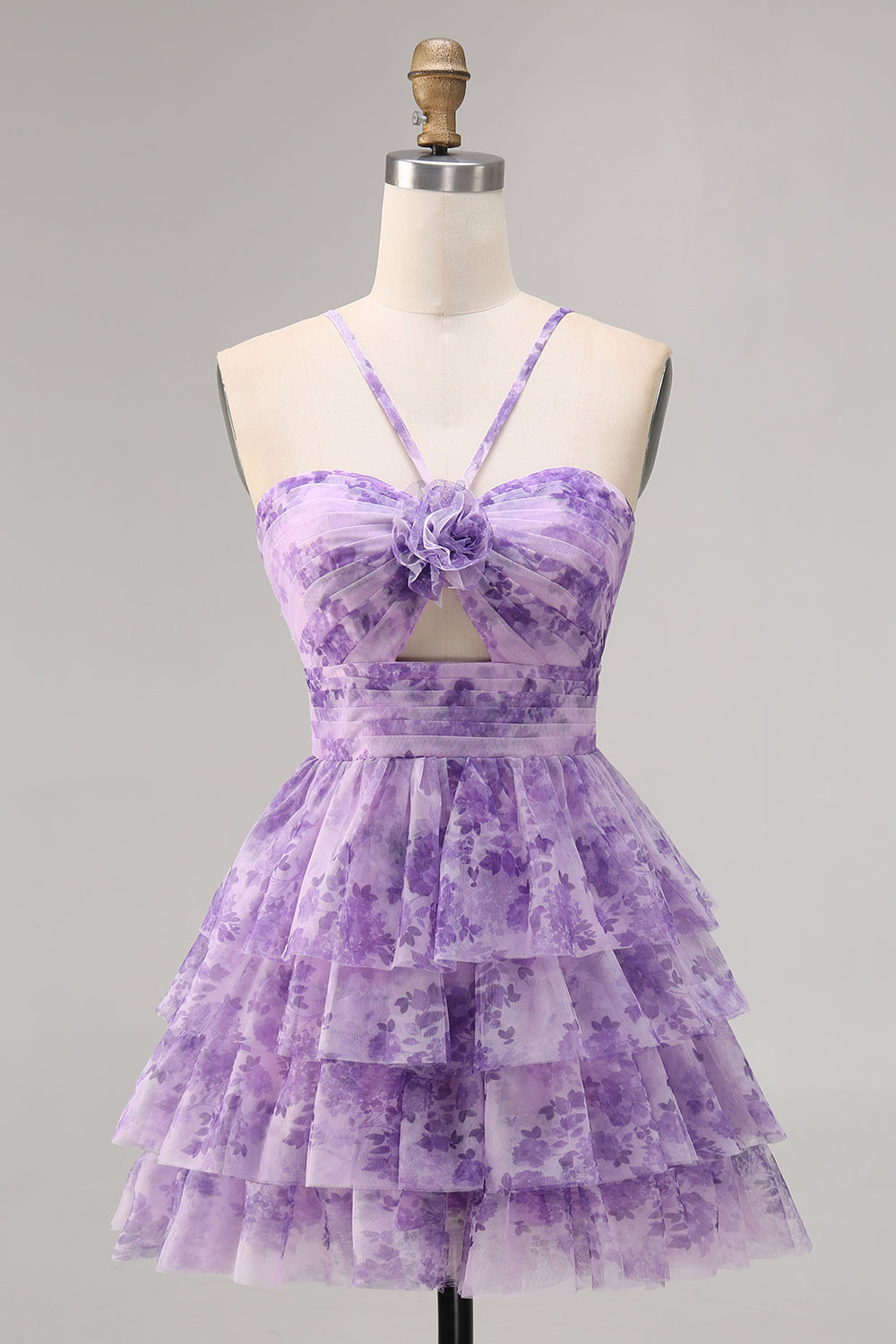 White Blue Flower A Line Short Tiered Homecoming Dress with Ruffles