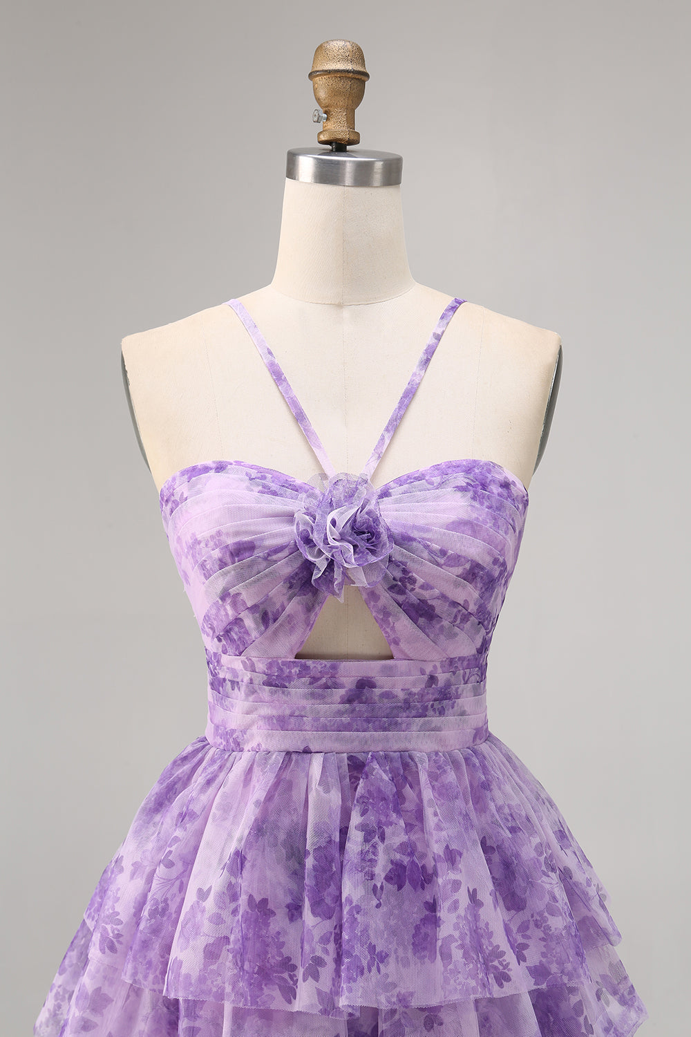 White Blue Flower A Line Short Tiered Homecoming Dress with Ruffles