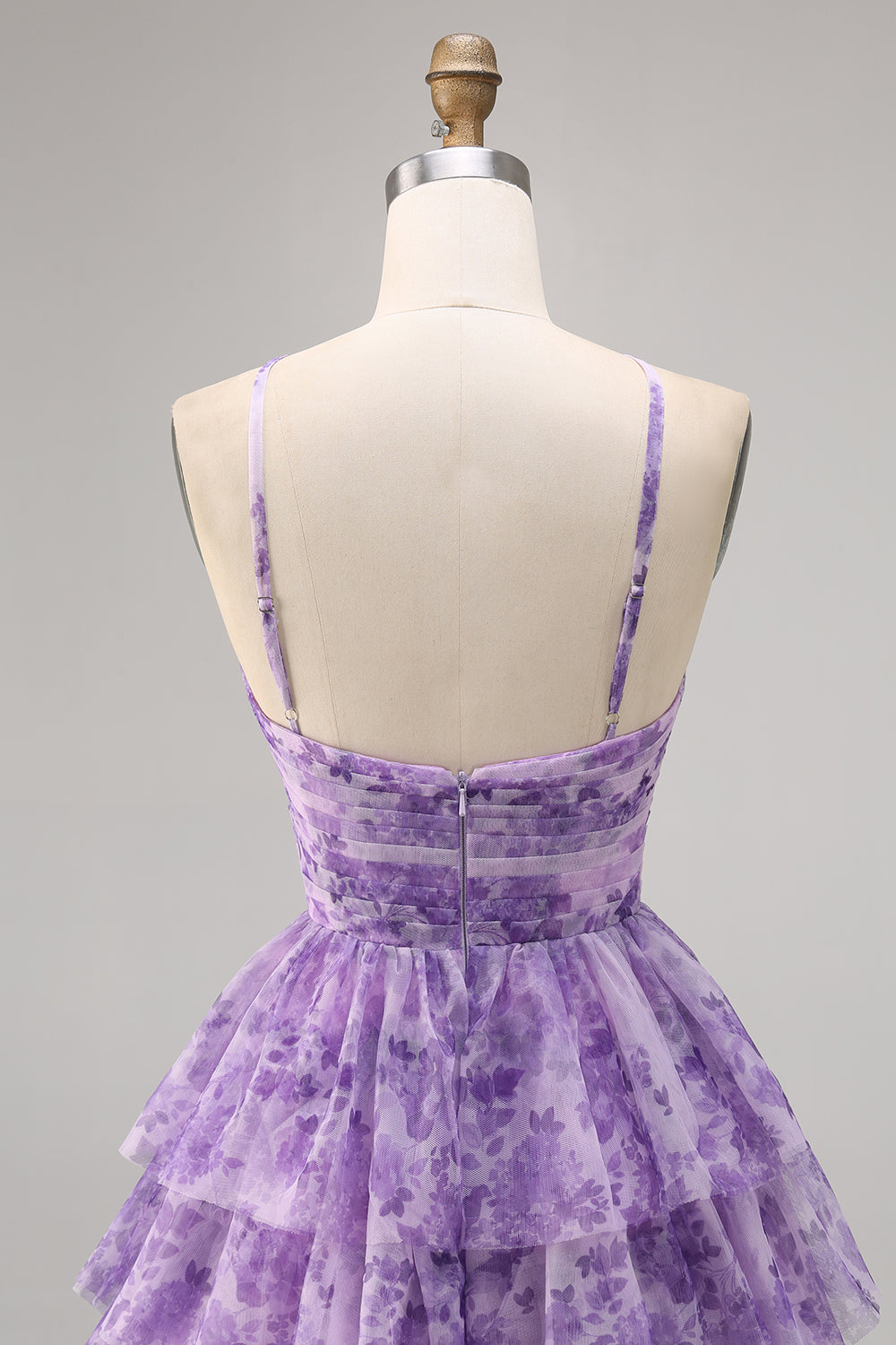 Purple A Line Keyhole Spaghetti Straps Short Homecoming Dress with Ruffles