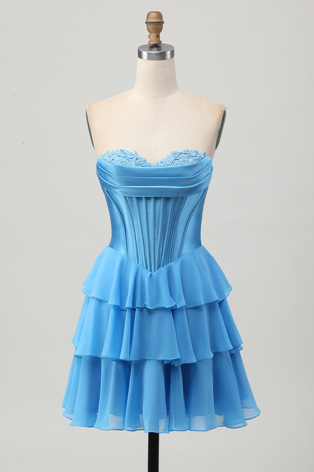 Blue Corset Short Homecoming Dress with Appliques Sweetheart Ruched A Line Tiered Cocktail Dress with Ruffles
