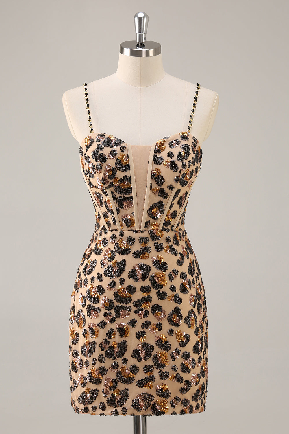 Kahki Leopard Corset Bodycon Short Homecoming Dress with Sequins