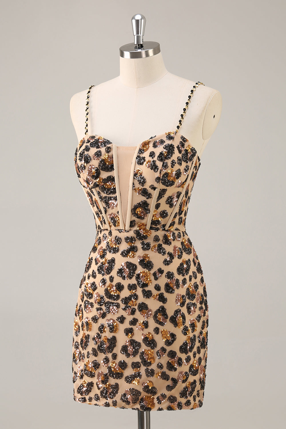 Kahki Leopard Corset Bodycon Short Homecoming Dress with Sequins