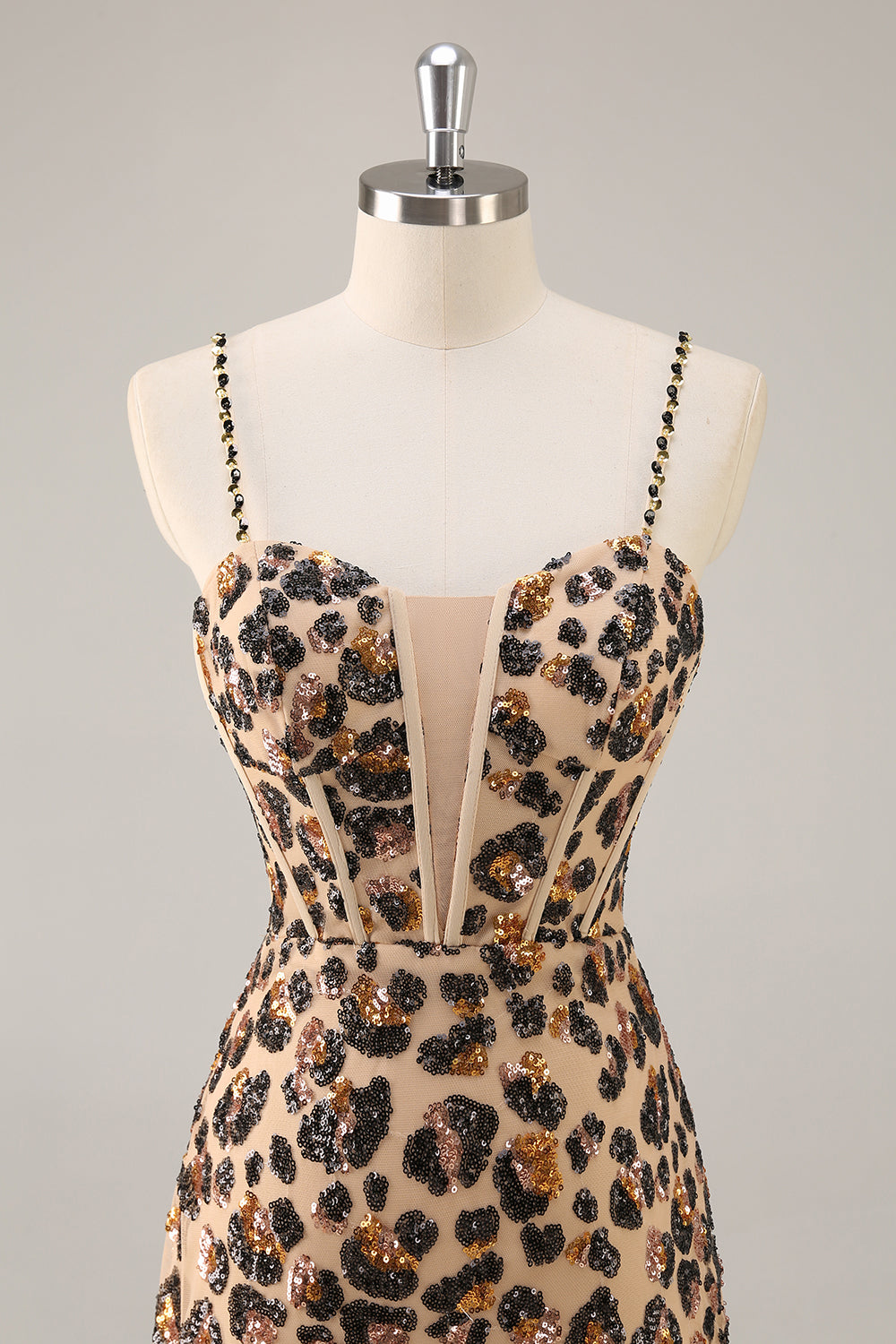 Kahki Leopard Corset Bodycon Short Homecoming Dress with Sequins