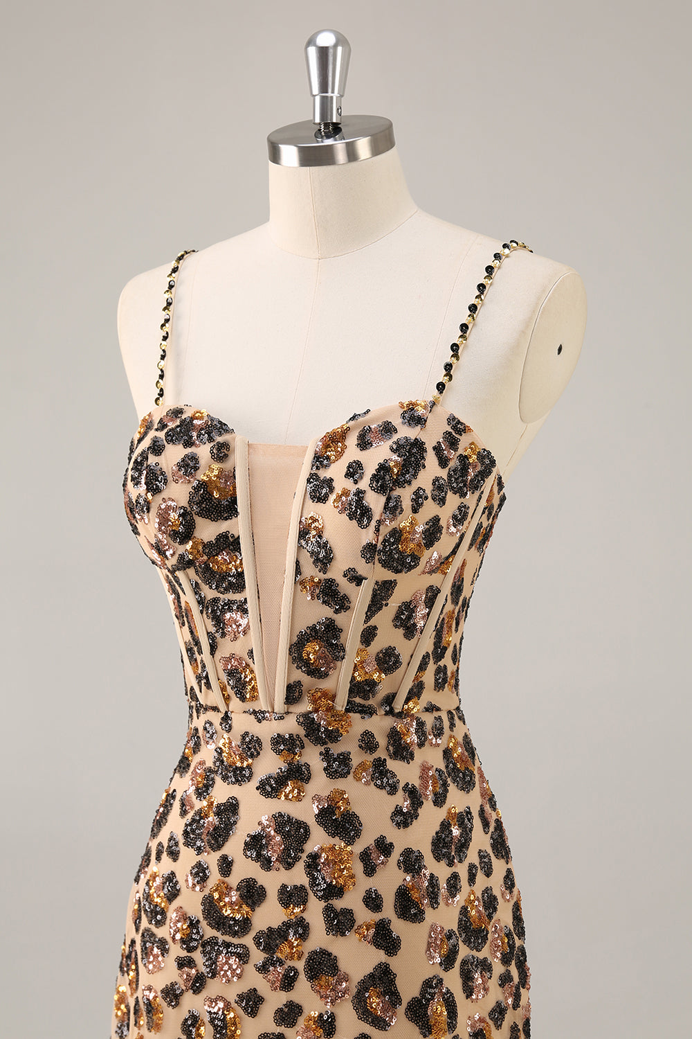 Kahki Leopard Corset Bodycon Short Homecoming Dress with Sequins