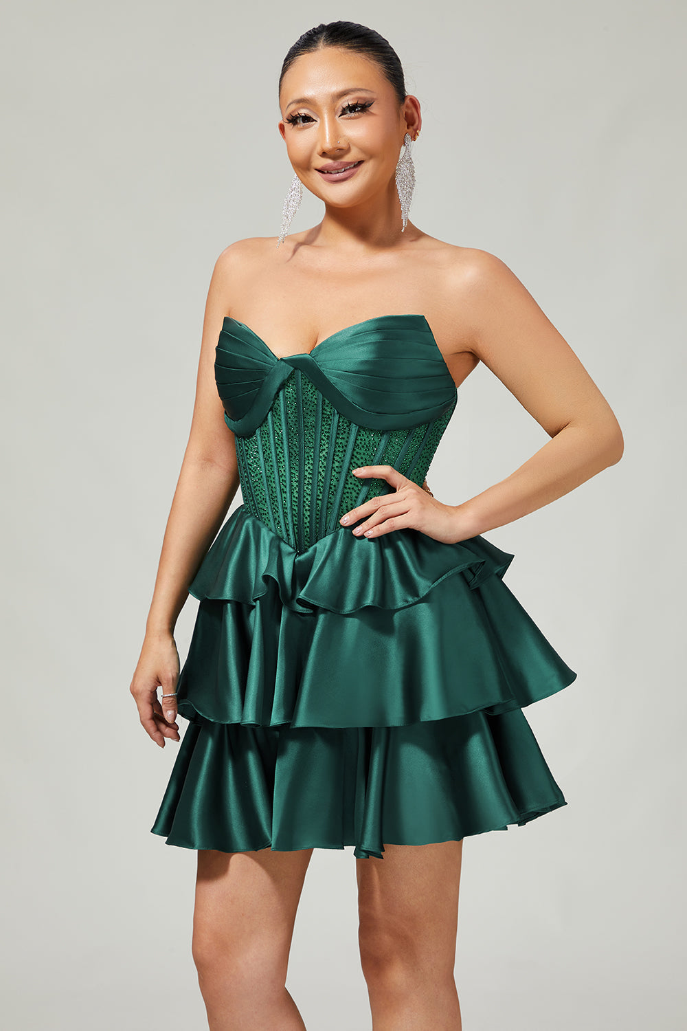 Sparkly Dark Green Strapless Short Corset Homecoming Dress with Beading