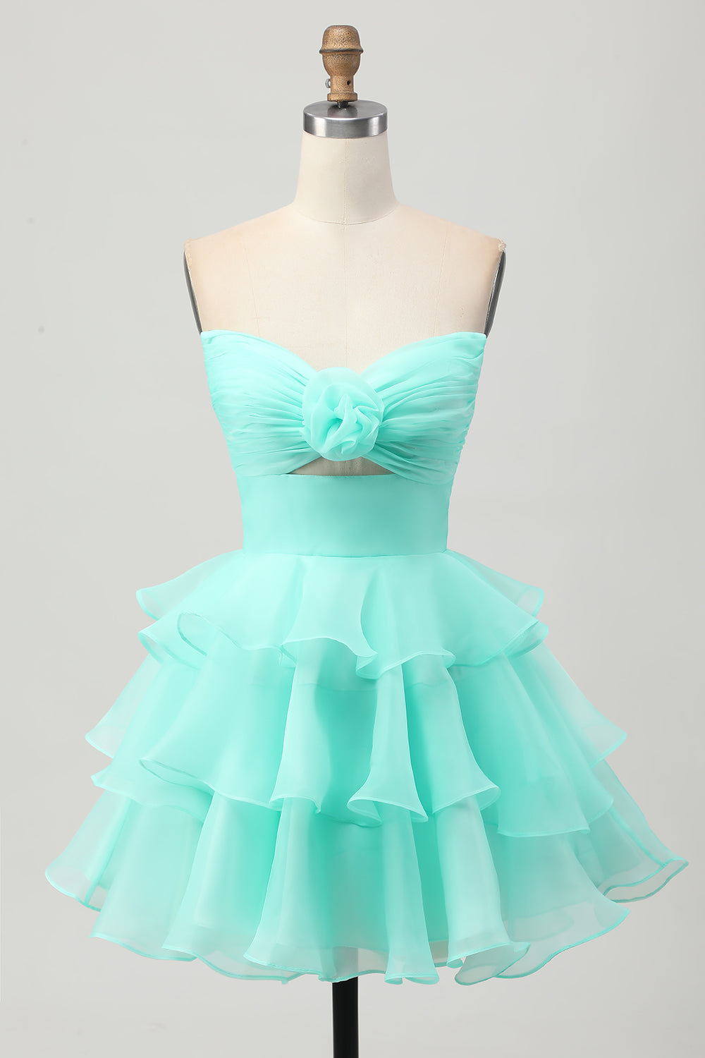 Green Floral Strapless Ruched Short Homecoming Dress with Ruffles