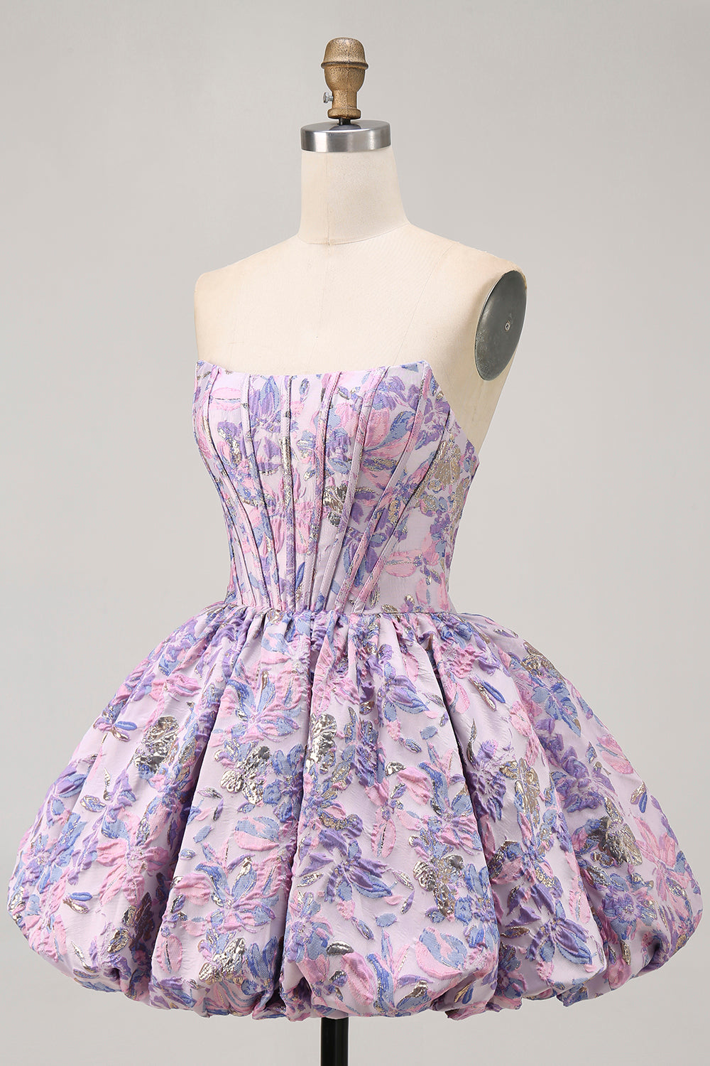 Purple Floral Strapless Corset A Line Short Homecoming Dress