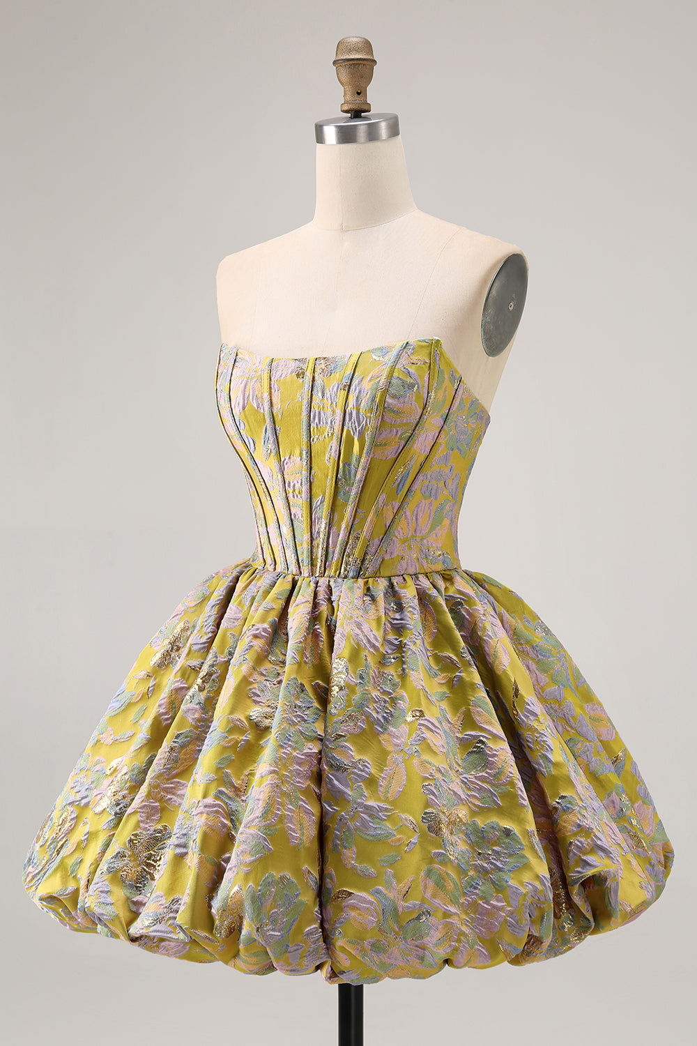 Yellow Floral A Line Short Corset Homecoming Dress