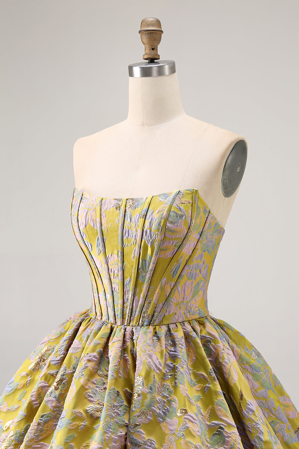 Yellow Floral A Line Short Corset Homecoming Dress