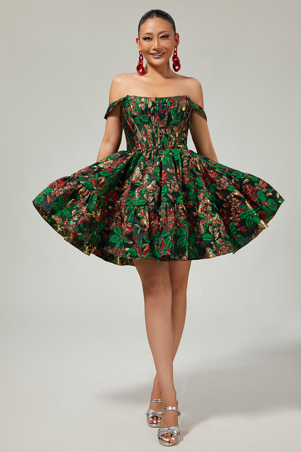 Dark Green Floral Removable Straps Short Corset Homecoming Dress