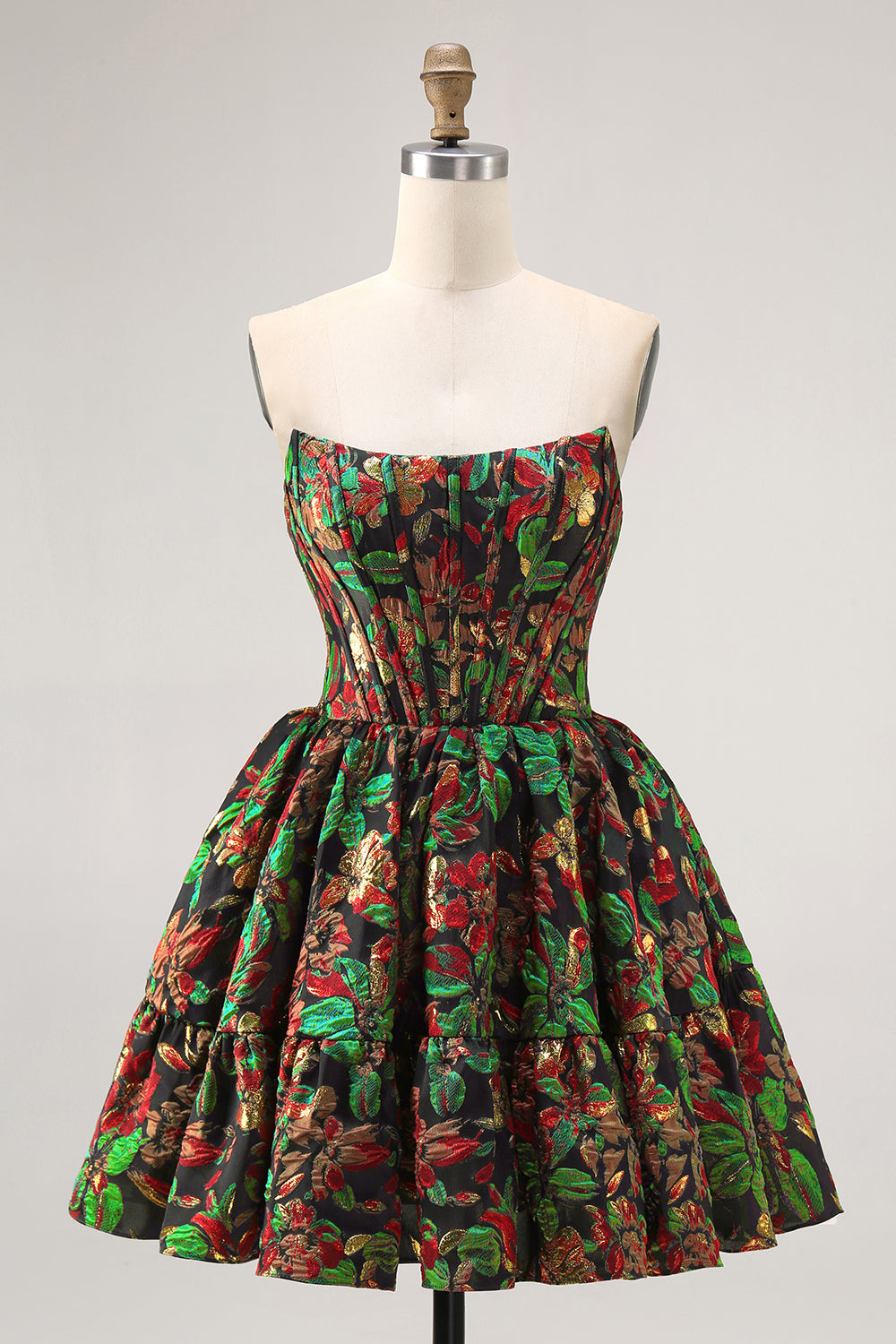 Dark Green Floral Removable Straps Short Corset Homecoming Dress