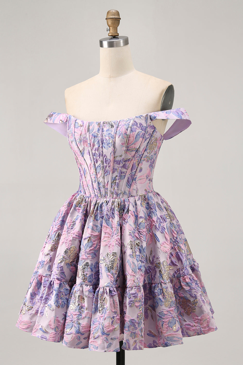 Purple Floral Off the Shoulder Corset Short Homecoming Dress