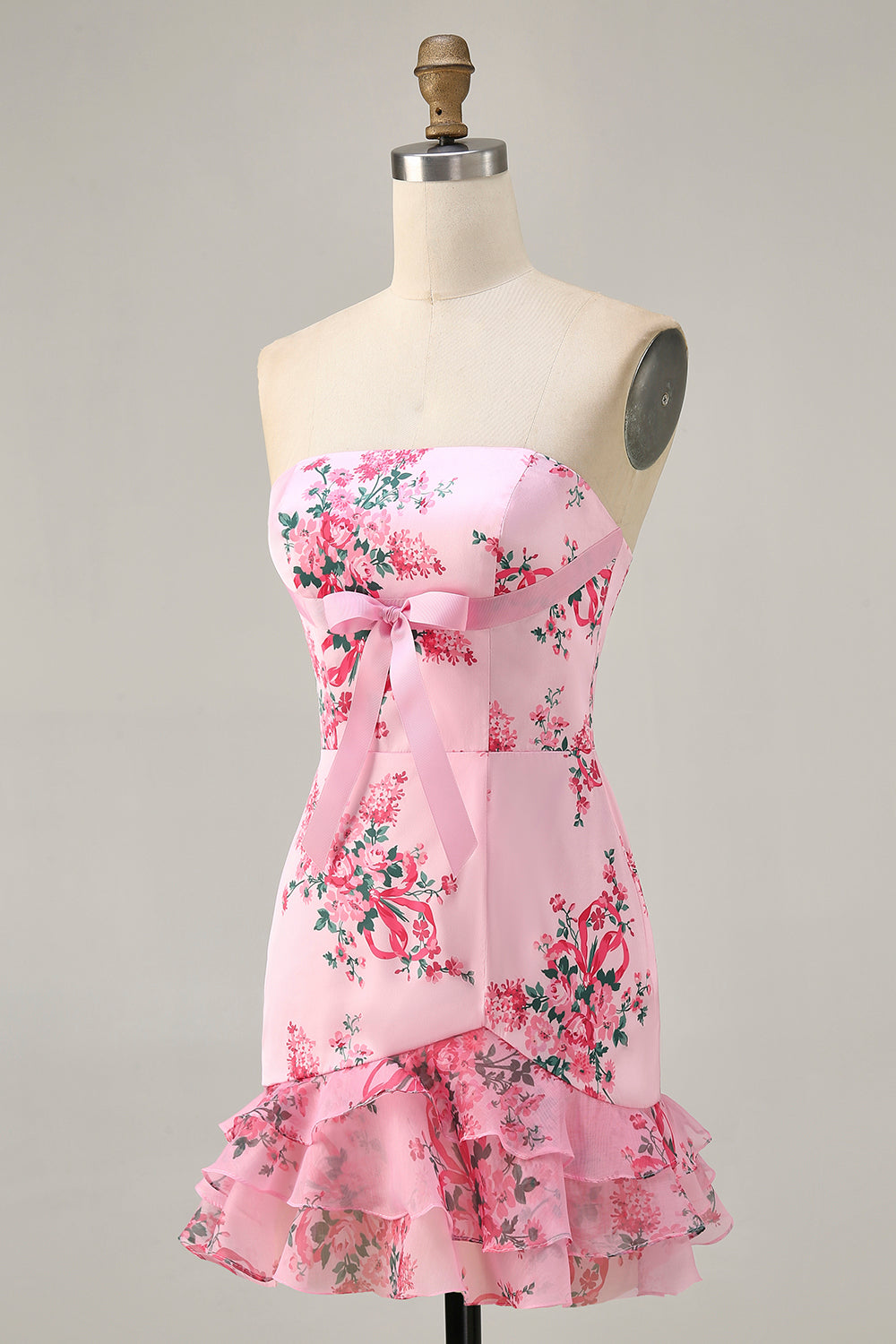 Pink Flower Strapless Tight Short Homecoming Dress with Bow