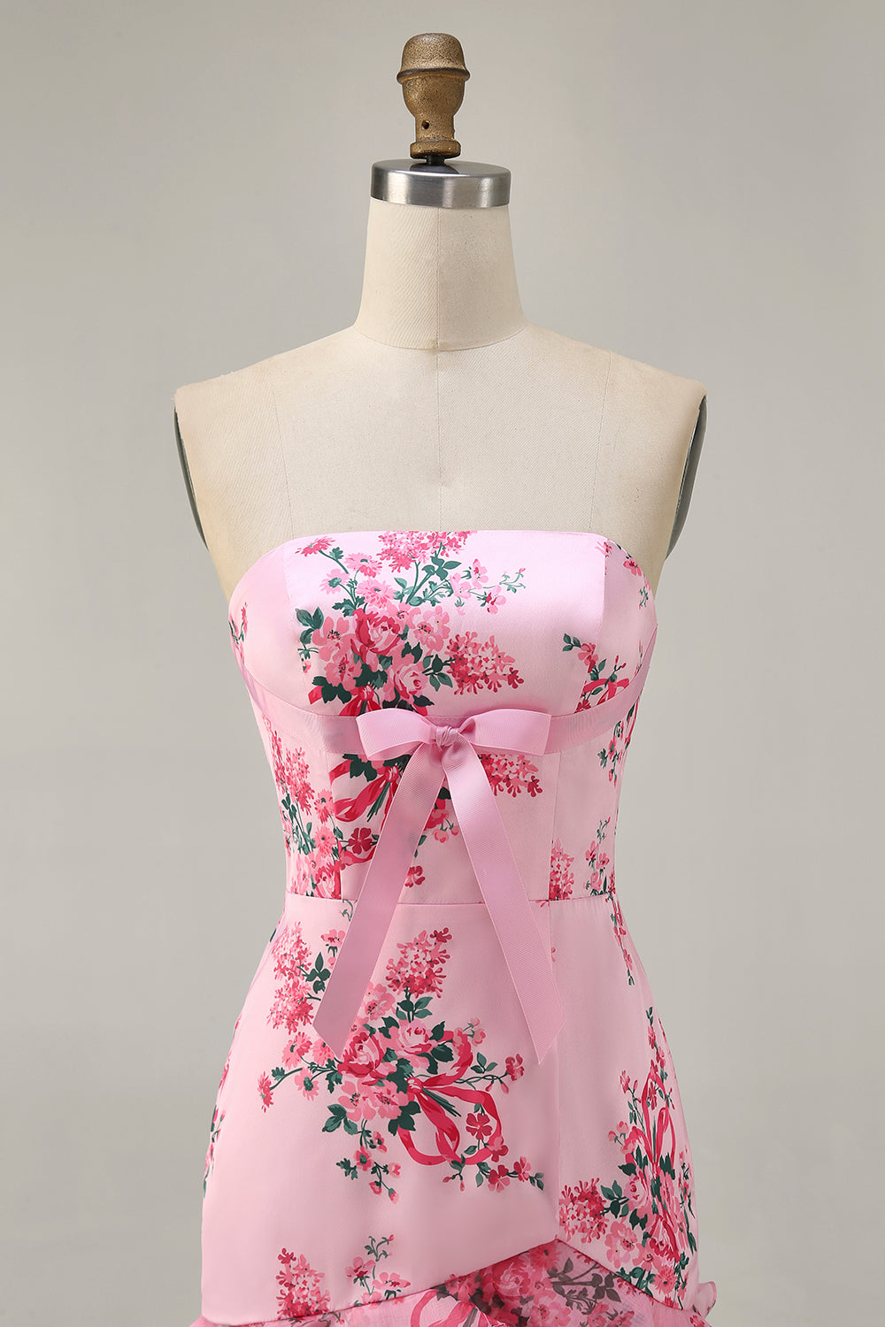 Pink Flower Strapless Tight Short Homecoming Dress with Bow