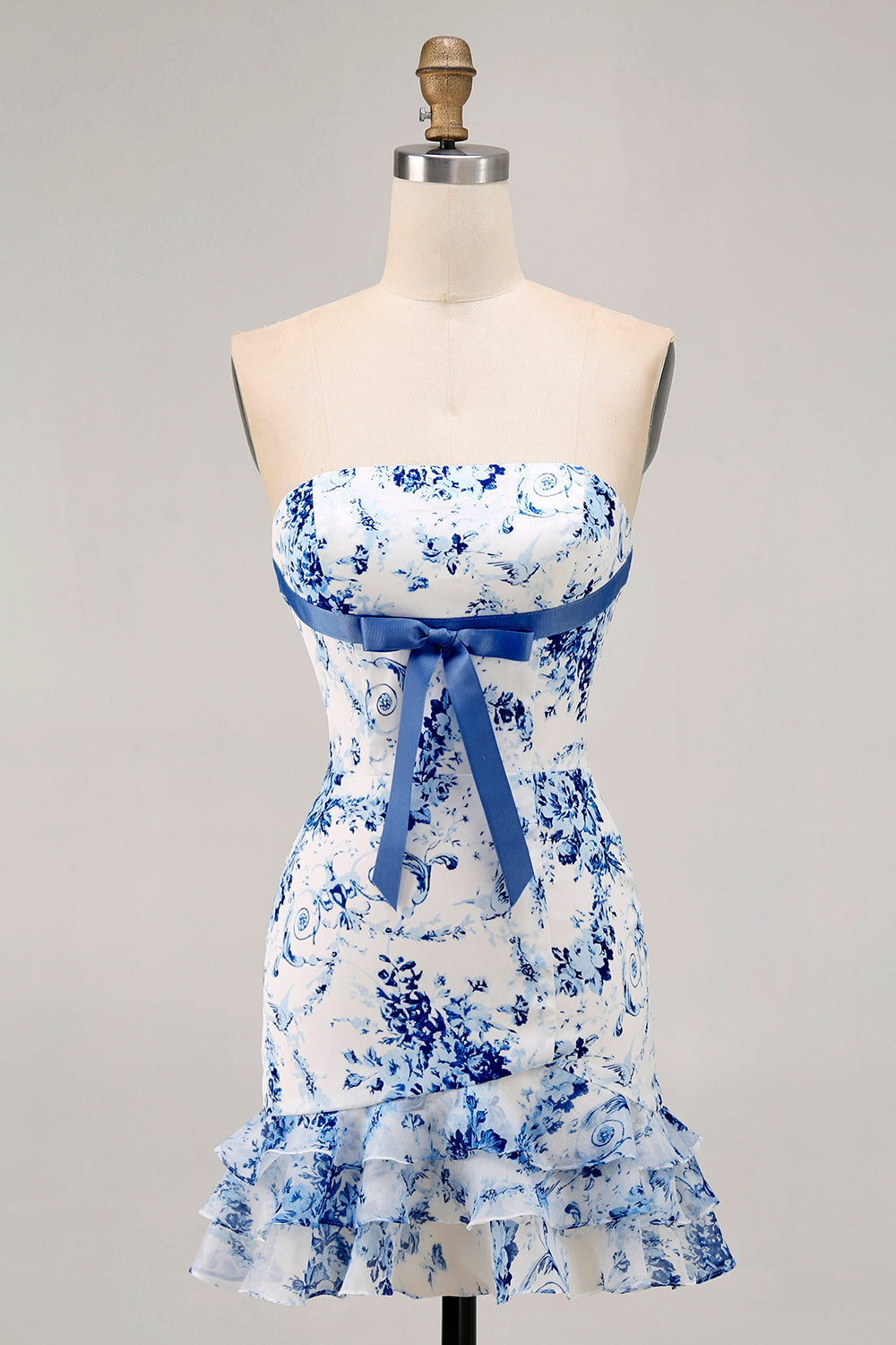 White Blue Flower Tight Strapless Short Homecoming Dress with Bow