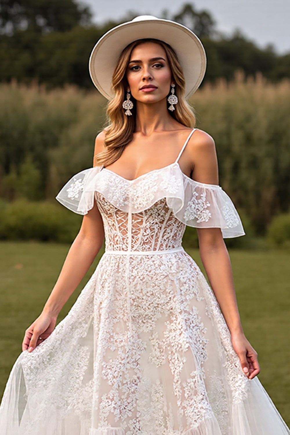 White Cold Shoulder Ruffled A Line Wedding Dress with Applique
