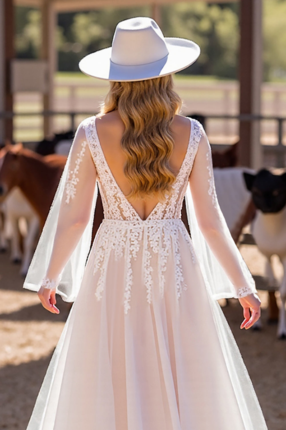A Line White Deep V Neck Wedding Dress with Lace