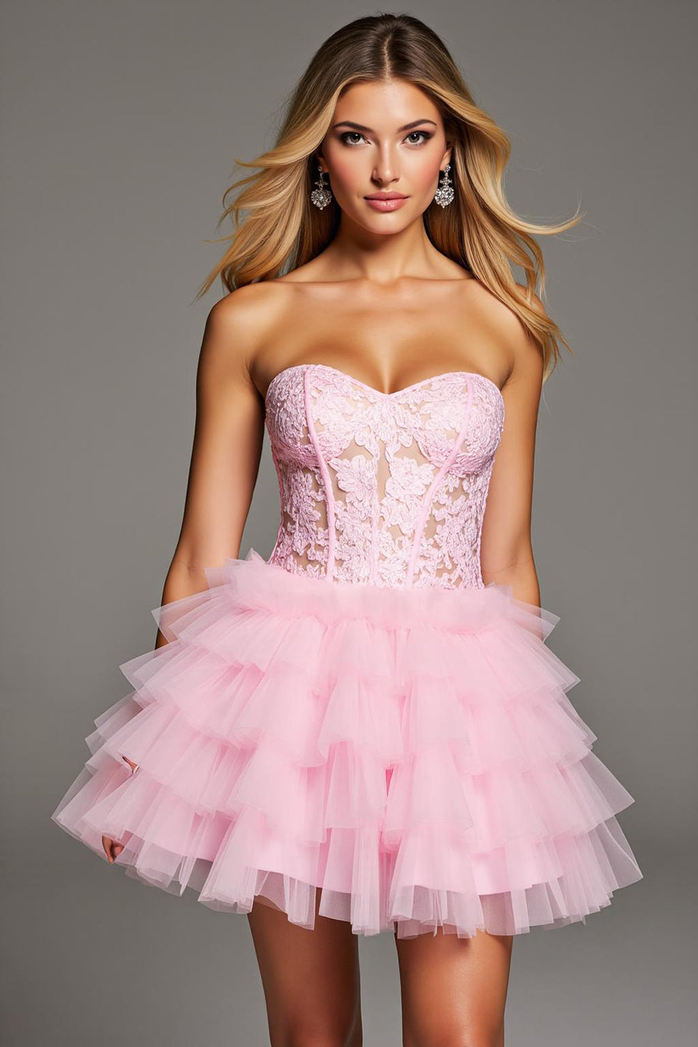 Pink Sweetheart Ruffled Short Corset Homecoming Dress with Lace