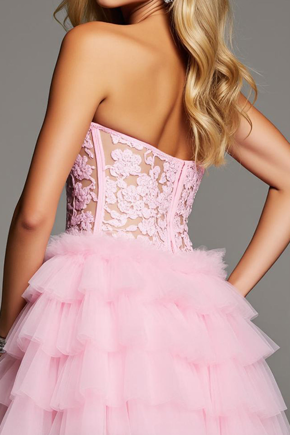 Pink Sweetheart Ruffled Short Corset Homecoming Dress with Lace