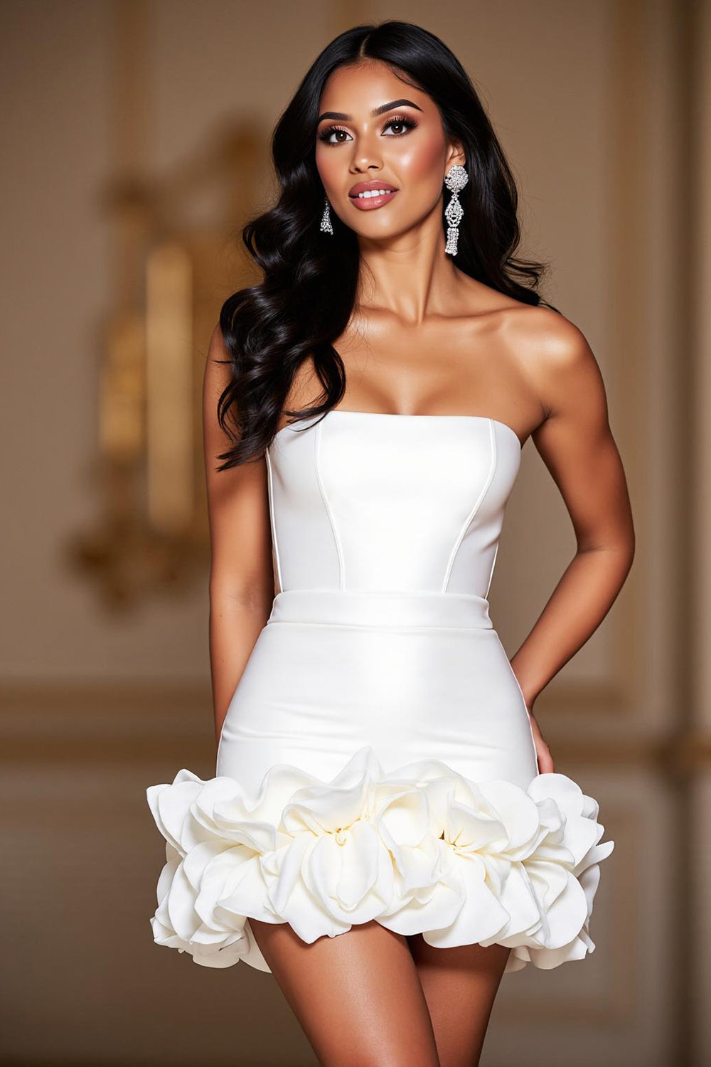 Bodycon Short Stretch Satin White Homecoming Dress with 3D Flower
