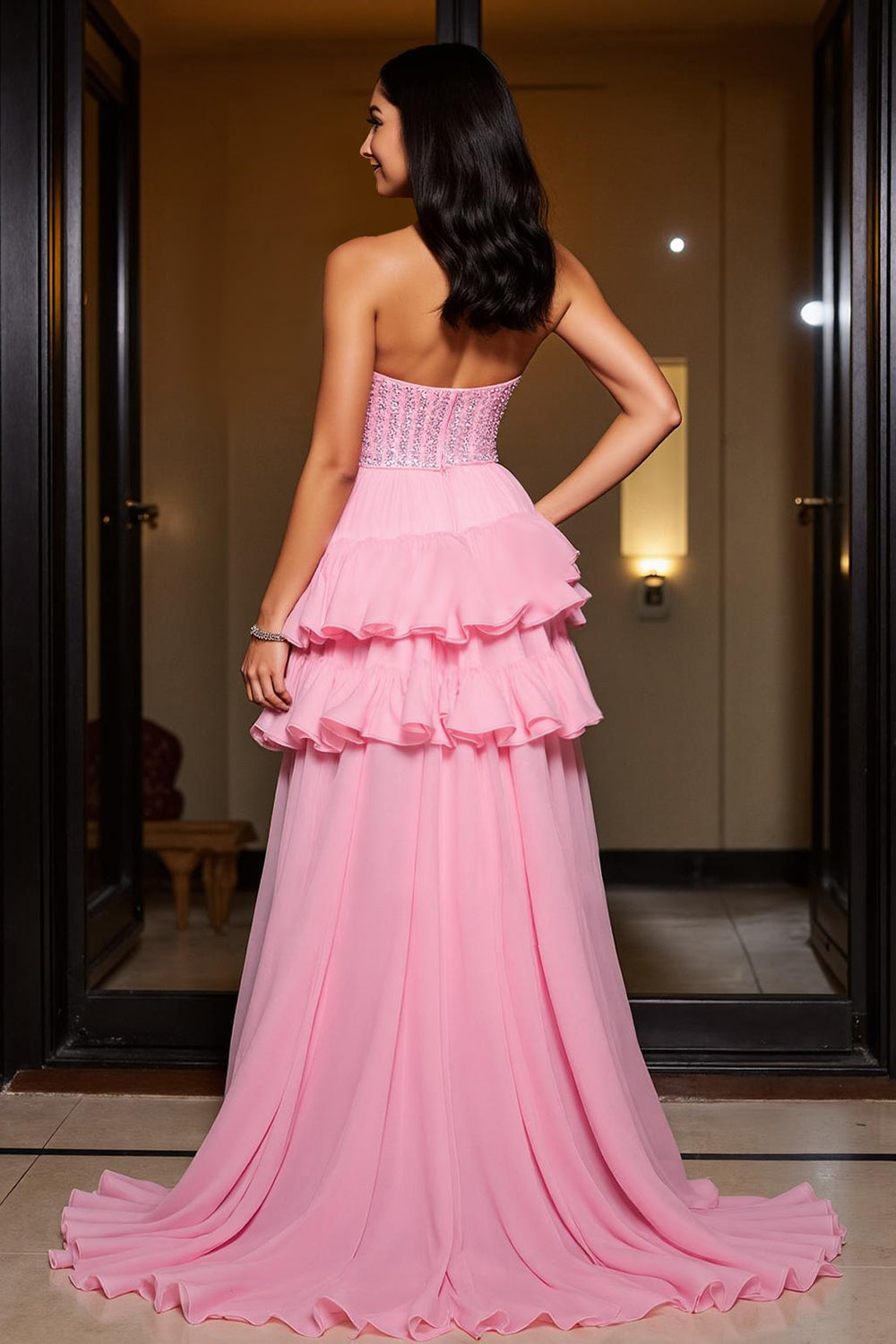 Sparkly Pink A Line Sweetheart High-Low Homecoming Dress with Ruffles