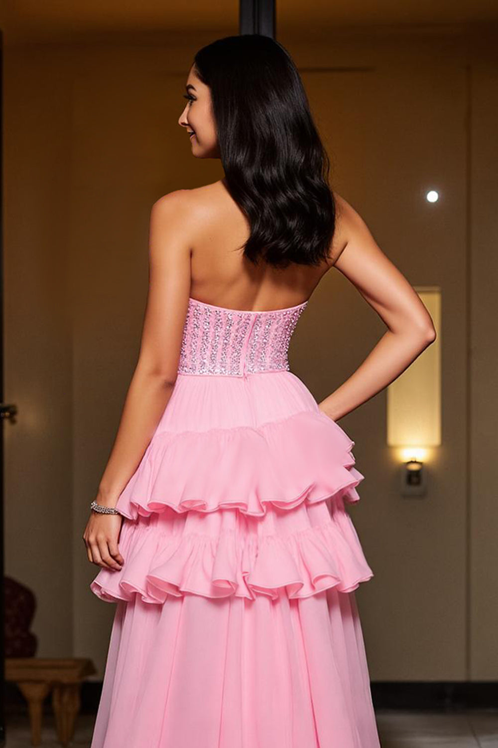 Sparkly Pink A Line Sweetheart High-Low Homecoming Dress with Ruffles