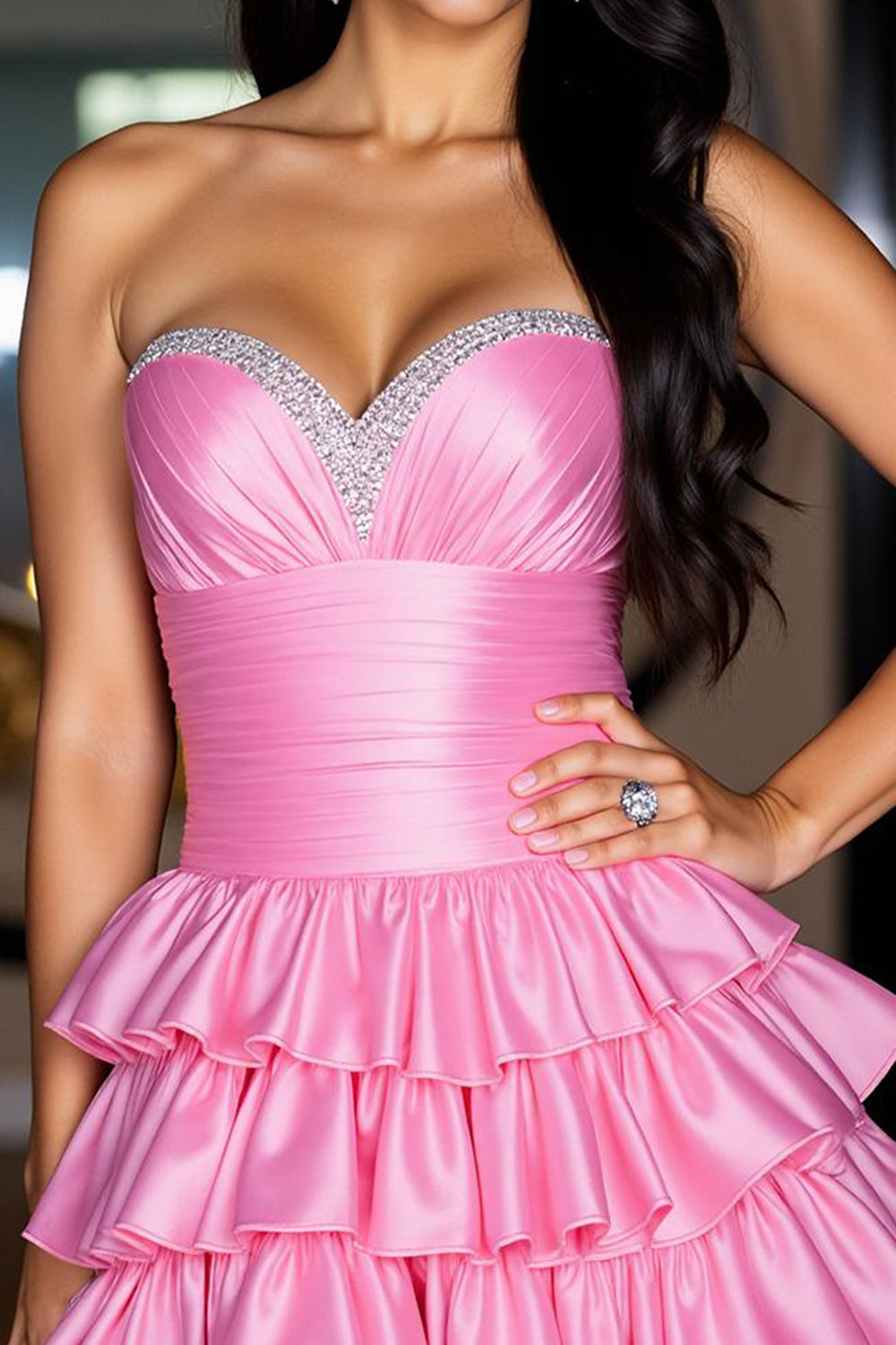 Sparkly Hot Pink Satin Tiered Short Homecoming Dress with Beading