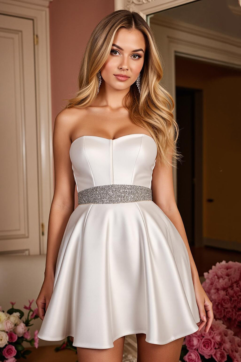 Sparkly White Satin Strapless Short Homecoming Dress with Beading
