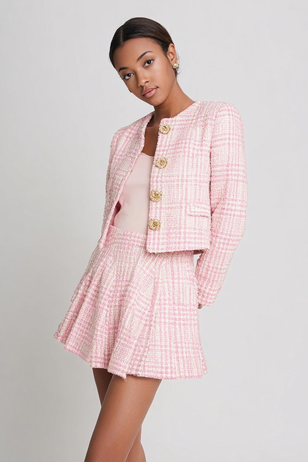 Pink Tweed Plaid 2 Piece Homecoming Outfits Round Neck Long Sleeves Pageant Interview Outfits with Buttons