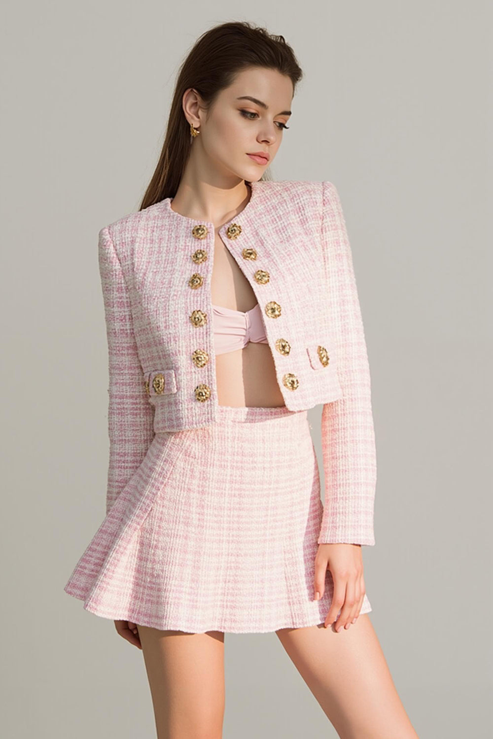 Pink Plaid Tweed 2 Piece Homecoming Outfits with Buttons