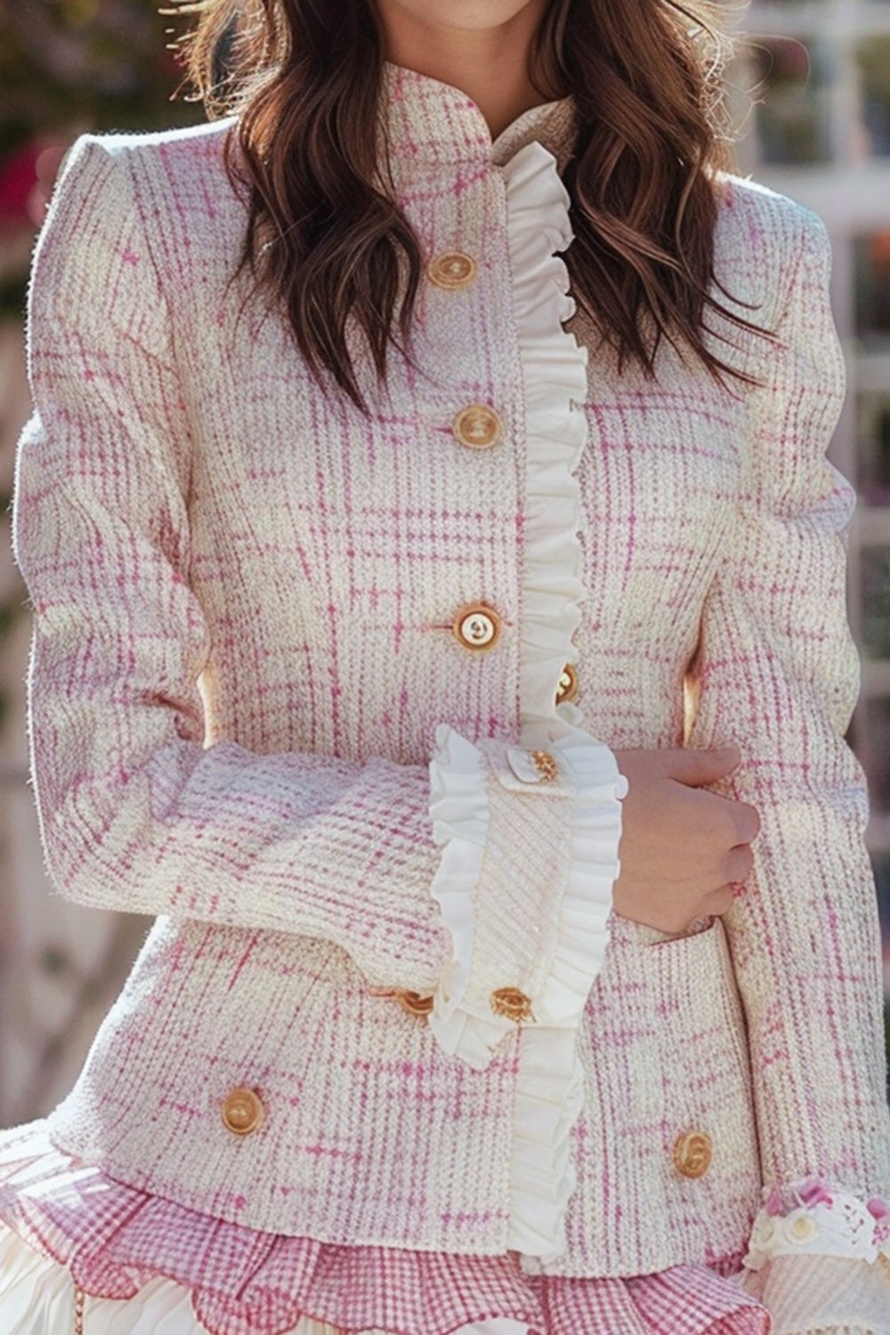 Light Pink Plaid Tweed Homecoming Outfits with Ruffles