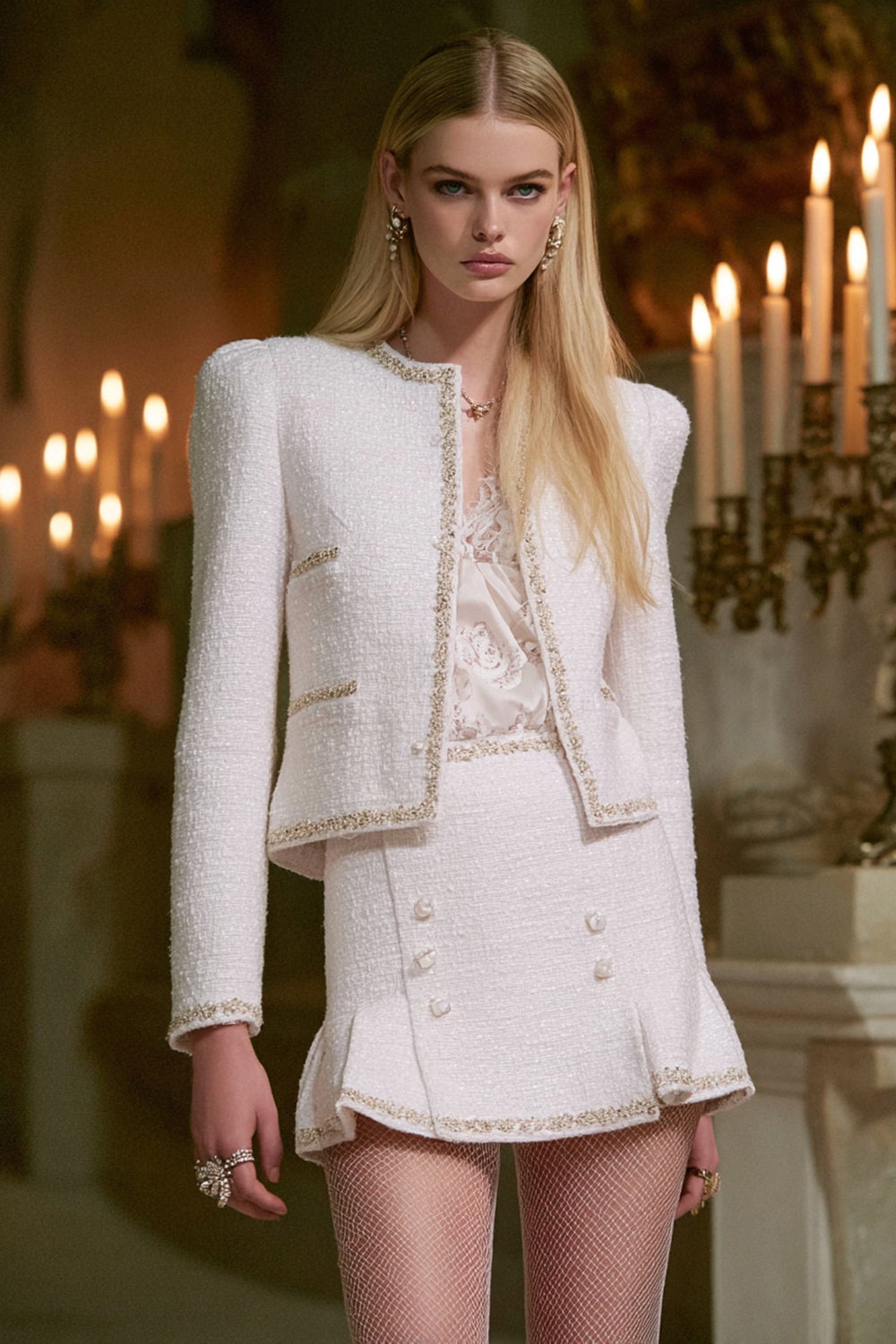 White 2 Piece Long Sleeves Tweed Homecoming Outfits with Buttons